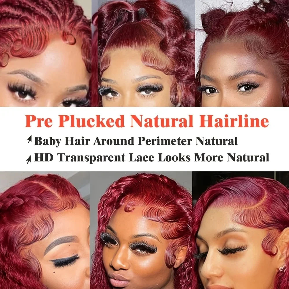 13x6 99j Burgundy Lace Front Wigs Human Hair Deep Wave 250 Density Transparent Frontal Wigs Pre Plucked Red Curly Wigs for Women