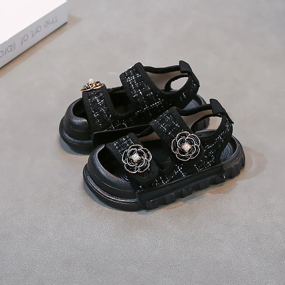 Korean Style Summer Sandals For Girls Luxury Pearl Flower Children's Beach Shoes Ergonomics Soft-soled Kid's Girl's Sandals