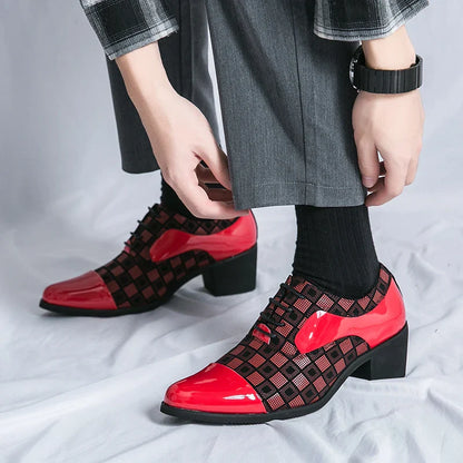 Hot Sale High Heel Mens Shoes Fashion Red Checkered Man Wedding Shoes Plus Size 38-46 Elegant Social Shoe Male chaussure hommes