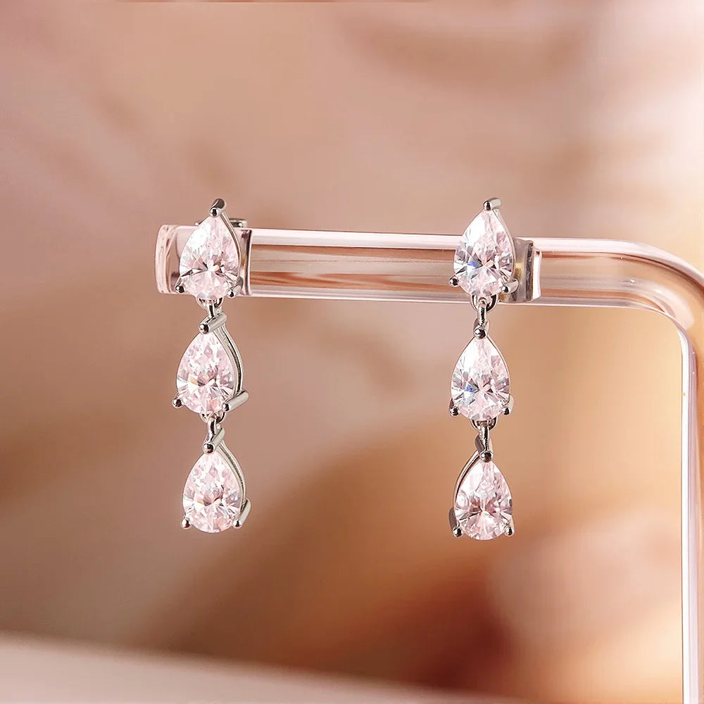 Pear Cut 3-Stone Full 3EX Moissanite Short Dangle Drop Earrings for Women s925 Silver Teardrop Earring Party Jewelry Gift