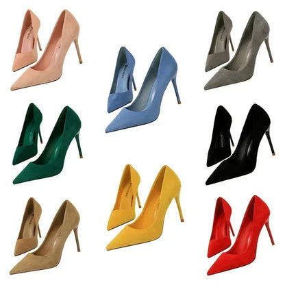 Women 9cm High Heels Daily Party Colorful Suede Pumps Female Scarpins Stiletto Evening Banquet Red Yellow Shoes Plus Size 34-43