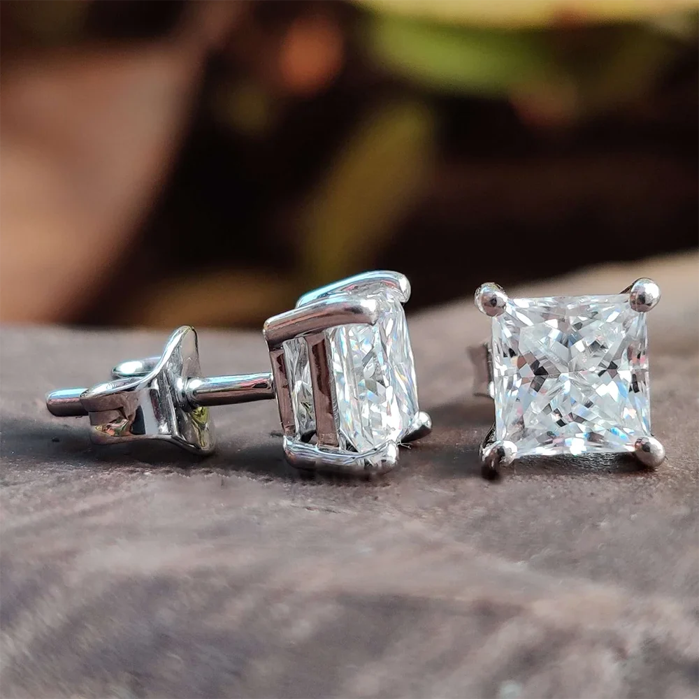 Certified 0.6/1/2/6carat Princess Cut Moissanite Diamond Stud Earrings for Women Men 925 Sterling Silver Square Ear Studs