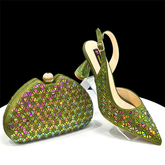beautiful Italian Shoes And Bag Sets For Evening Party With Stones Italian Leather Handbags Match Bags!  SJ1-1