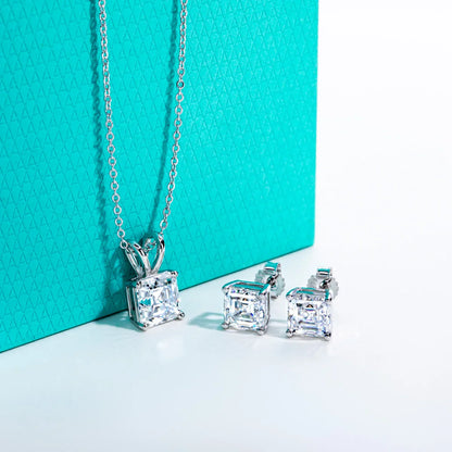 2-5ct Asscher Moissanite Necklace 0.5-3ct Earrings 925 Sterling Silver 18k Gold Plated Wedding Jewelry Set for Woman