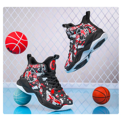 Original Children's Basketball Shoes Fashion Print Purple Basketball Sneakers Kids Training Shoes High Top Sports Shoes For Boys