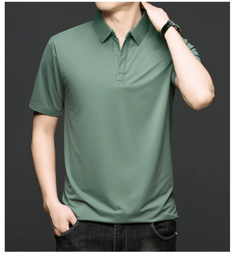 Fashion V-neck short sleeve T-shirt men's summer solid color silky smooth breathable personalized jacquard buttonless polo shirt
