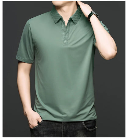 Fashion V-neck short sleeve T-shirt men's summer solid color silky smooth breathable personalized jacquard buttonless polo shirt
