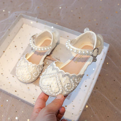 2025Summer Girls Sandals With Heel Fashion Rhinestone Shiny Glitter Shoes Children Princess Bowtie Pearl Dancing Shoes