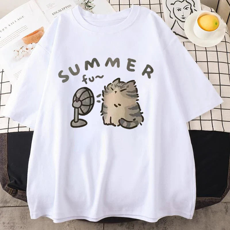 Korean Version Retro Minimalist Cat Printed Summer T-shirt Casual Loose Couple Thin Short Sleeves Women Men T Shirts