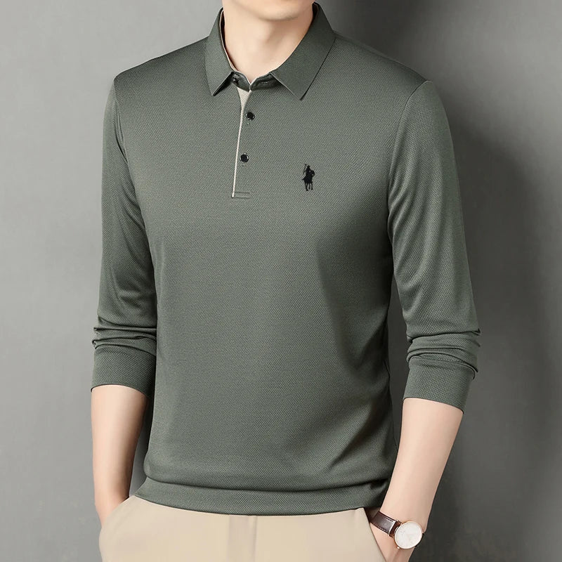 2025 Latest Autumn New Men's Long Sleeve Polo Shirt Middle Aged Business Comfortable Solid Color Men's Collar T-shirt