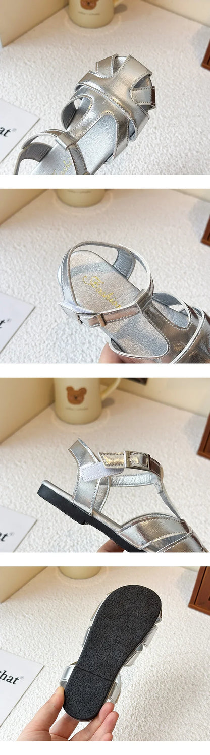 Kids Leather Cage Sandals for Girls 2025 Summer New Toddler Beach Shoes Non-slip Princess Elegant Retro Kid Garden Wedding Flats