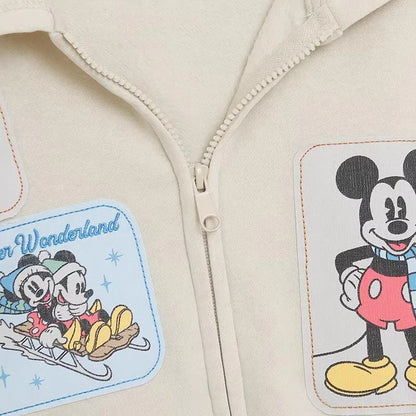 Mickey Mouse Family Patch Letter Cartoon Print Fleece Sweatshirt Jacket Unisex Women Hooded Zip Up Jumper Tops