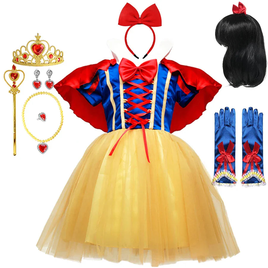 Vestido de princesa Branca de Neve para meninas com capa, fantasia de Halloween de verão, conjunto de roupas infantis, vestidos de menina