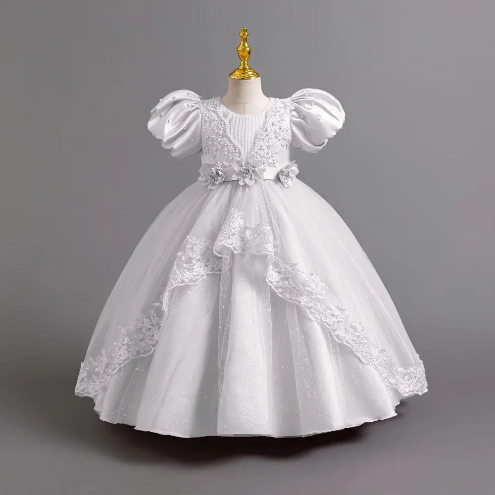 Girl's Pearl Bubble Sleeves Princess Dress 4-12 Years Old Fashionable Flower Lace Satin Dress Birthday Wedding Flower Girl Dress