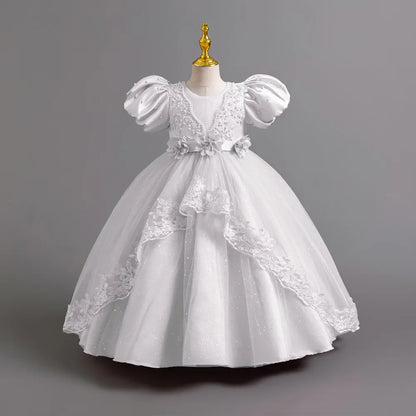 Girl's Pearl Bubble Sleeves Princess Dress 4-12 Years Old Fashionable Flower Lace Satin Dress Birthday Wedding Flower Girl Dress