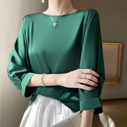 2026 New In Summer Satin Silk Half-Sleeve Tee Tops Basic Solid Women‘s T-Shirt Casual O-neck Thin Shirts Ladies Loose Blouses