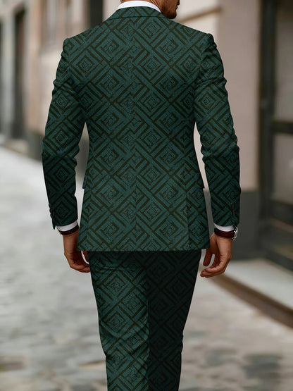 European American Style Men's Business Suit Set Two-Piece Suit Trousers Retro Green Color-Block Plaid Print