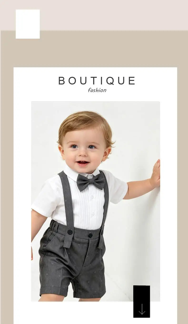 Kids Boys Formal Suit Set Denim Gray Vest Shorts Bowtie 3PCS Wedding Birthday Party Gentleman Outfit for Toddler 1-8Yrs Clothes