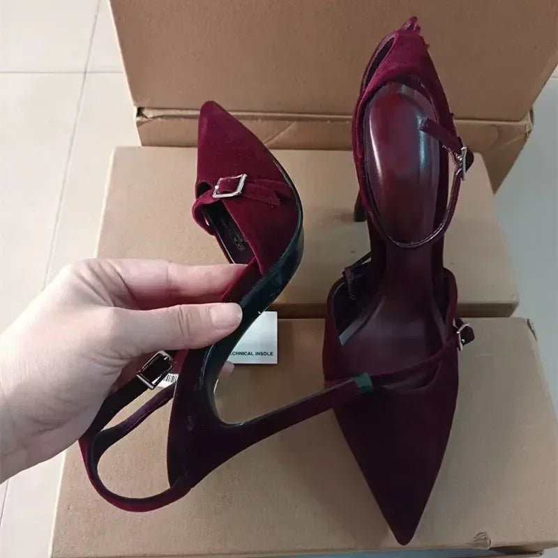 Elegant Burgundy Suede Ankle Strap High Heels Women Sexy Pointed Toe Buckle Strap Women Pumps Designer Party Shoes Heels Wedding