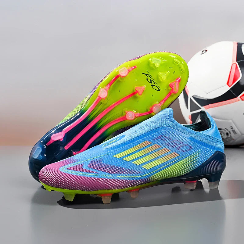 2712 Without-Lace Mens Soccer Shoes F50 SLIP-ON Non-Slip Turf Soccer Cleats Boys TF/FG Training Football Boots Chuteira Campo