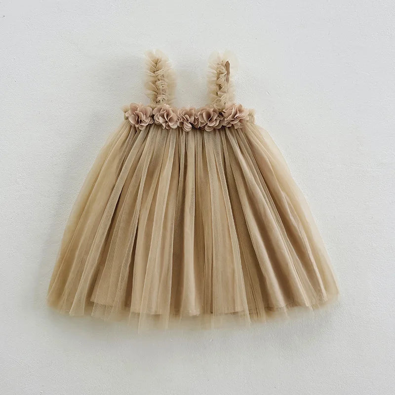 1-6 Y Girls Dresses  3D Flower A Line Dress for Girls Sleeveless Camisole Mesh Dress