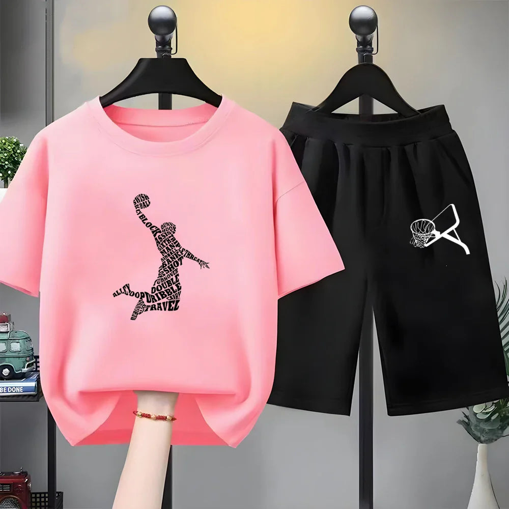 Kids Sets white T-Shirt Basketball shooting cool Boy black Girls red Casual Tops TShirt+Shorts Children's Summer Short Sleeve