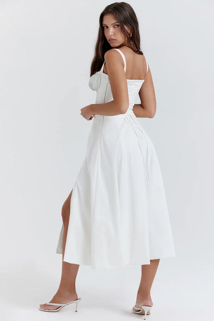 Full Lining Elegant Lace Up Holiday Party Dresses Midi Sexy Spaghetti Strap Split Dress White Summer Dress Women 2023