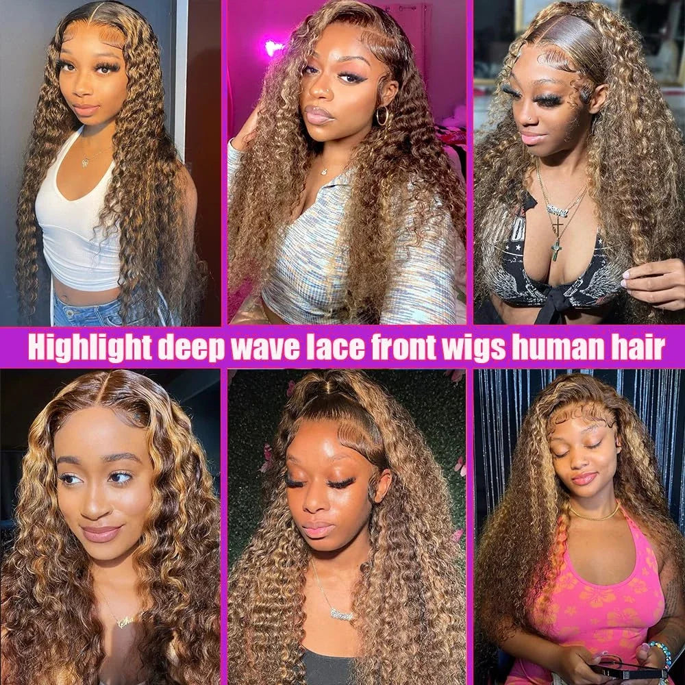 4/27 32 Inch Highlight Honey Brown Curly Lace Front Human Hair Wigs 13x6 Ombre Colored Deep Wave Lace Frontal Wigs Women ﻿