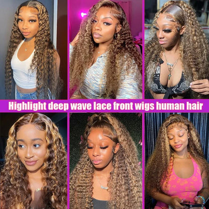 4/27 32 Inch Highlight Honey Brown Curly Lace Front Human Hair Wigs 13x6 Ombre Colored Deep Wave Lace Frontal Wigs Women ﻿