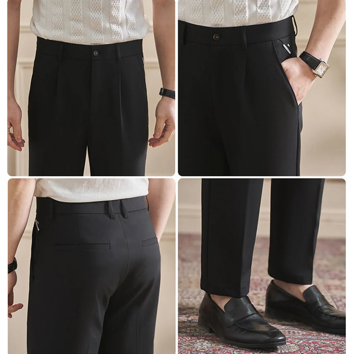 High Quality Men's Business Casual Slim-Fitting Suit Pants, Classic Solid Color Straight Work Trousers
