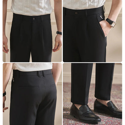 High Quality Men's Business Casual Slim-Fitting Suit Pants, Classic Solid Color Straight Work Trousers