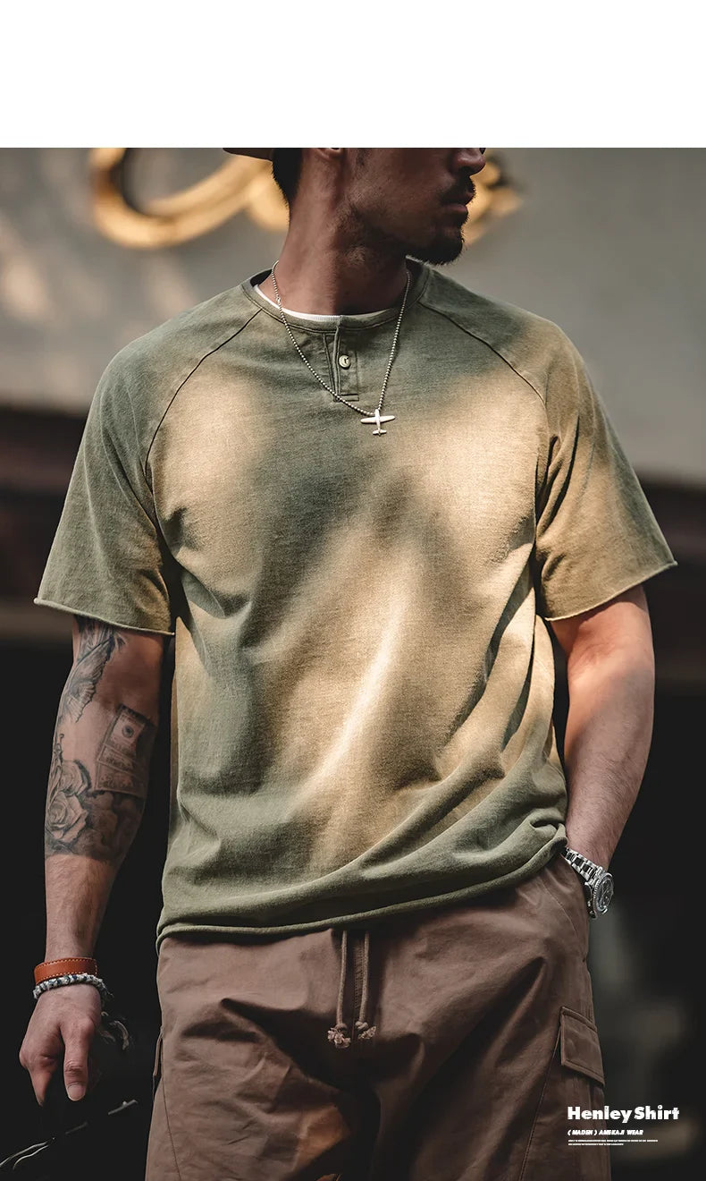 Japanese Vintage Heavyweight Henley T-Shirt Men Distressed Loose Short Sleeve Tops Casual Button Cotton Washed Tee Shirts