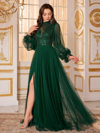 Women's Round-Neck Lantern Sleeve Beads Patchwork Mesh Fabric Evening Dress