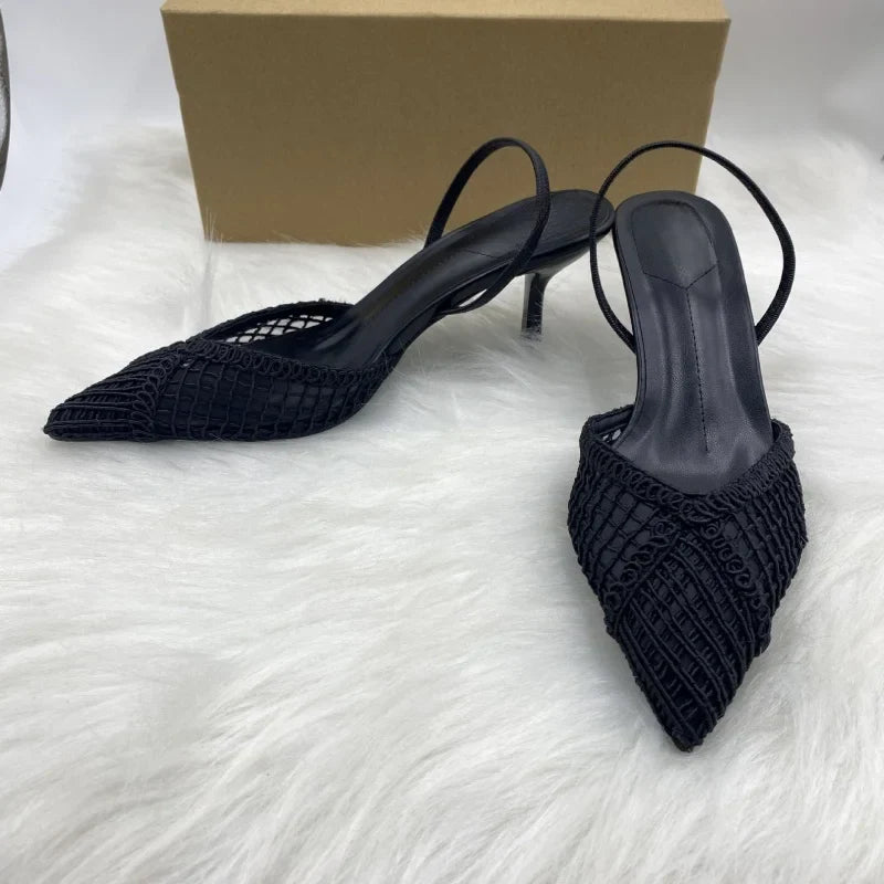 Fashion Black Hollow Mesh Woven Brand Pumps Women Comfort Pointed Toe Shallow High Heel Sandals Elegant Thin Heel Designer Shoes
