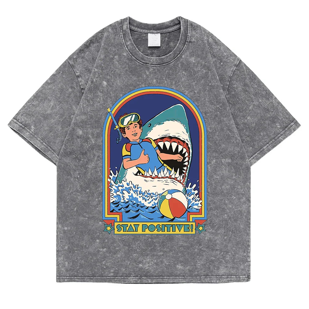 Stay Positive Printing Washed Retro Snow Mens T-Shirt Cotton Loose Tees Cotton Oversize Streetwear Breathable Tshirt Couple