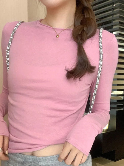 2024 Spring Autumn T shirt Women Tops Solid Slim Fit Long Sleeve O Neck Tshirts Female Casual Streetwear High Quality Base Tees