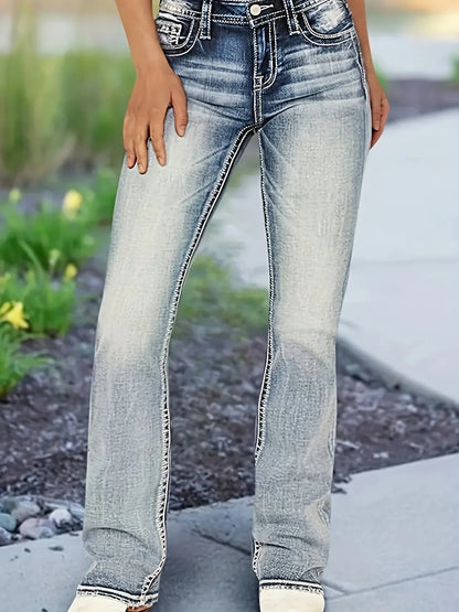 Women's jeans with cow head embroidery, vintage style, versatile and comfortable in all seasons, washed blue flared jeans