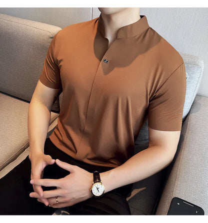 Men's High Elastic V-neck Polo Shirt, Thin Short-sleeve T-shirt, Business Casual Men's Top, 2024 High Quality, M-4XL.