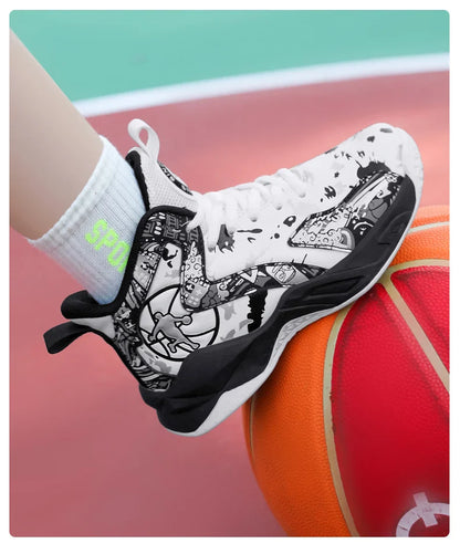 Original Children's Basketball Shoes Fashion Print Purple Basketball Sneakers Kids Training Shoes High Top Sports Shoes For Boys