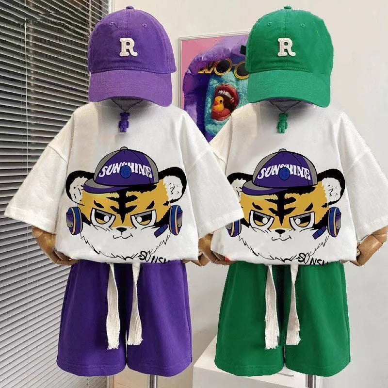 Baby Boy Girl Cotton Clothes Set Tiger Print Tshirt+Shorts Summer Toddler Child Short Sleeve Outfit Kid Baby Clothes 2-12Y