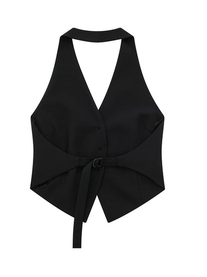 Women Fashion Black Backless Lace Up Waistcoats Vintage Halter Neck Sleeveless Jackets Female Chic Lady Tank Tops