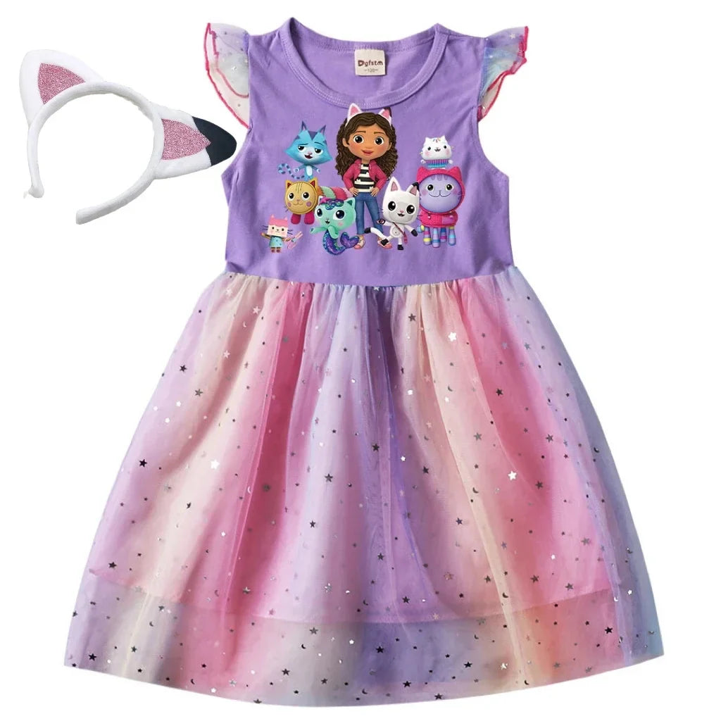 Kids Gabby's Dollhouse Cats Princess Dress Summer Casual Girls Rainbow Mesh Dress Children Carnival Wedding Birthday Party Dress
