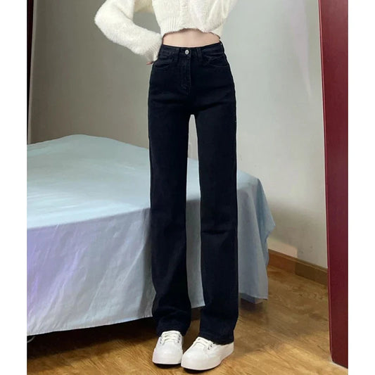 Women Straight Leg Elastic Jeans Pants Lady Comfortable High Waisted Denim Pants Girls Classic Designer Jeans Trousers