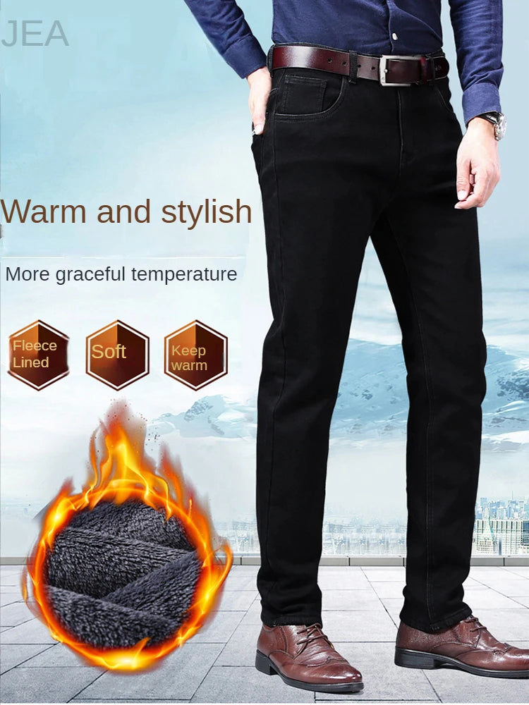 2023 Winter Men Black Blue Straight Stretch Denim Thick Velvet Pants Warm Jeans Casual Fleece Line Trousers Male Plus Size