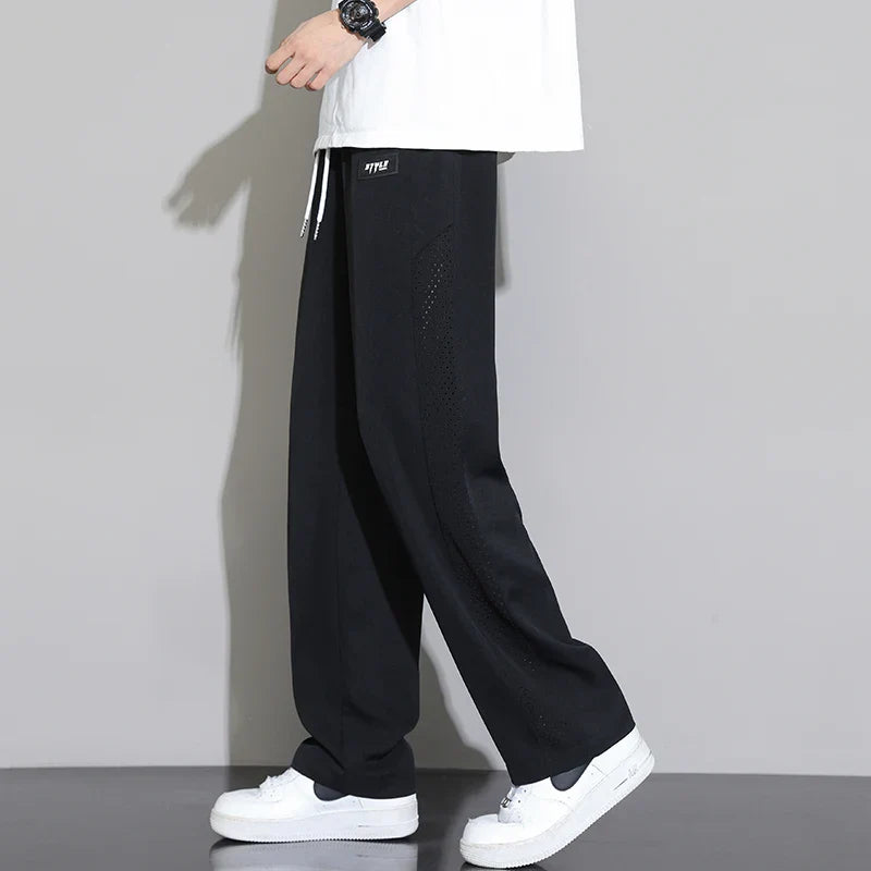 Men's Ice Silk Pants Summer Thin Style Drape Effect Loose Straight Casual Long Pants Trendy Brand Wide‑Leg Sports Pants for Boys