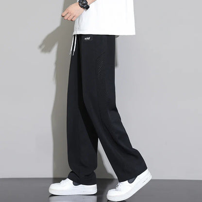 Men's Ice Silk Pants Summer Thin Style Drape Effect Loose Straight Casual Long Pants Trendy Brand Wide‑Leg Sports Pants for Boys