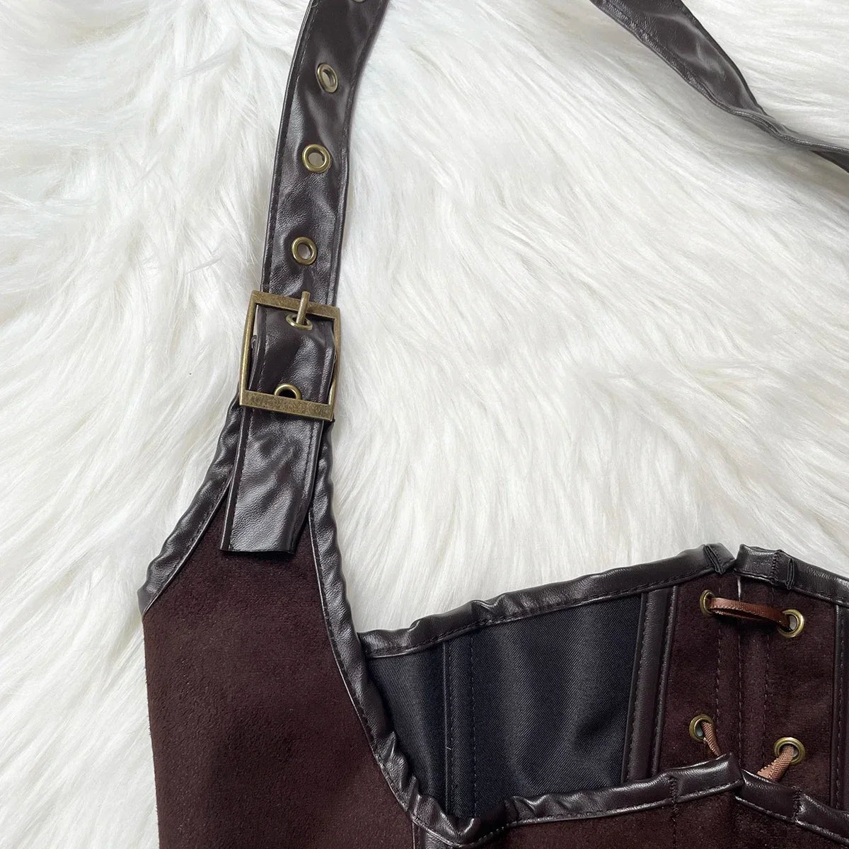 Brown Suede Corset Top with PU Leather Gothic Steampunk Bustier Lace Up Slim Waist Shapewear Women Halloween Cosplay Costume