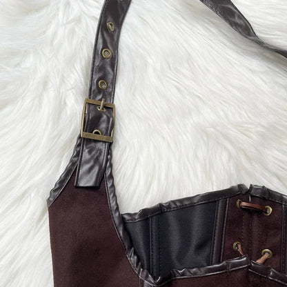 Brown Suede Corset Top with PU Leather Gothic Steampunk Bustier Lace Up Slim Waist Shapewear Women Halloween Cosplay Costume