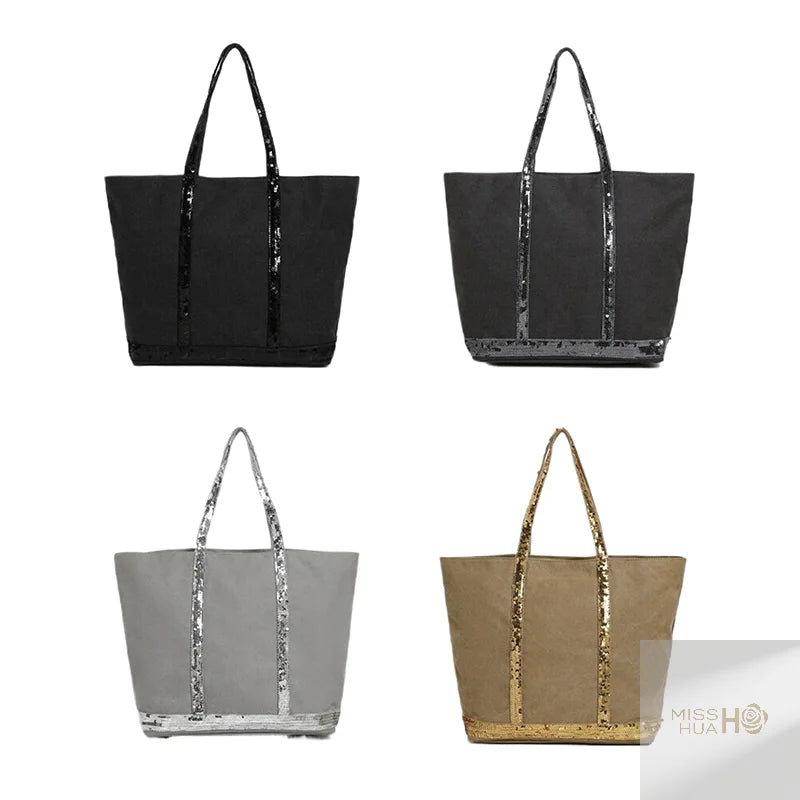 Multi-purpose Canvas Tote Bag with Sequins, Large Capacity for Women's Daily Use