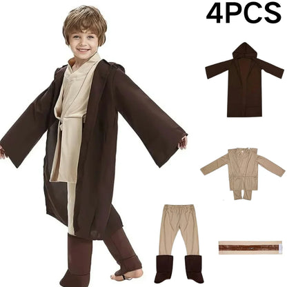 New Kid Children Jedi Knight Cosplay Costume Obi Wan Kenobi Uniform Suit Anakin Skywalker Hooded Robe Cloak Outfits